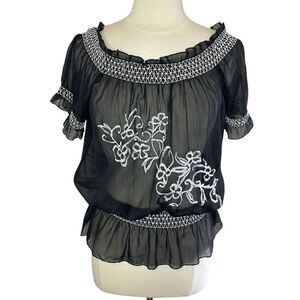 PLANET GOLD Floral Embroidered Semi-Sheer Smocked Peplum Blouse, Large